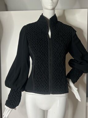 Jackie Rogers Sz 4 Black Wool Cashmere Woven Zip Front Puff Sleeves Jacket